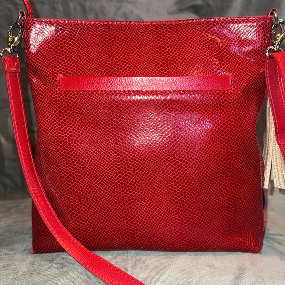 LAND Red Leather Snakeskin Glossy Cowhide Crossbody Bag w Gold Fringe Tassle EUC - Picture 4 of 13